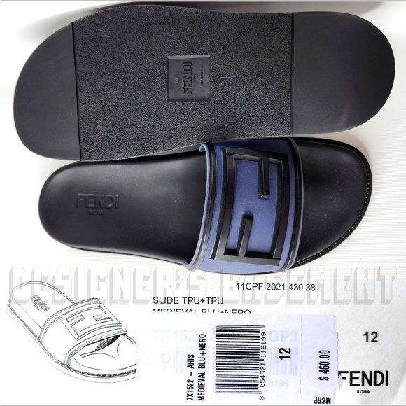 FENDI men 12 Black with transparent Navy FF BAGUETTE LOGO flip flop slides shoes - Picture 3 of 8